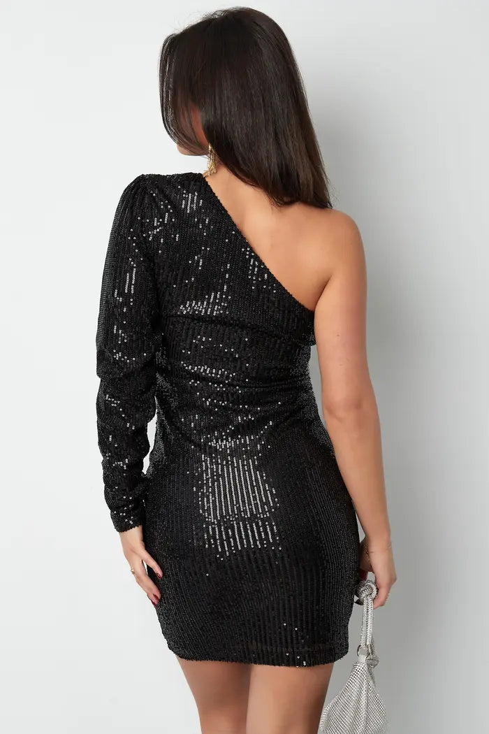 Glitter one shoulder jurk - zwart