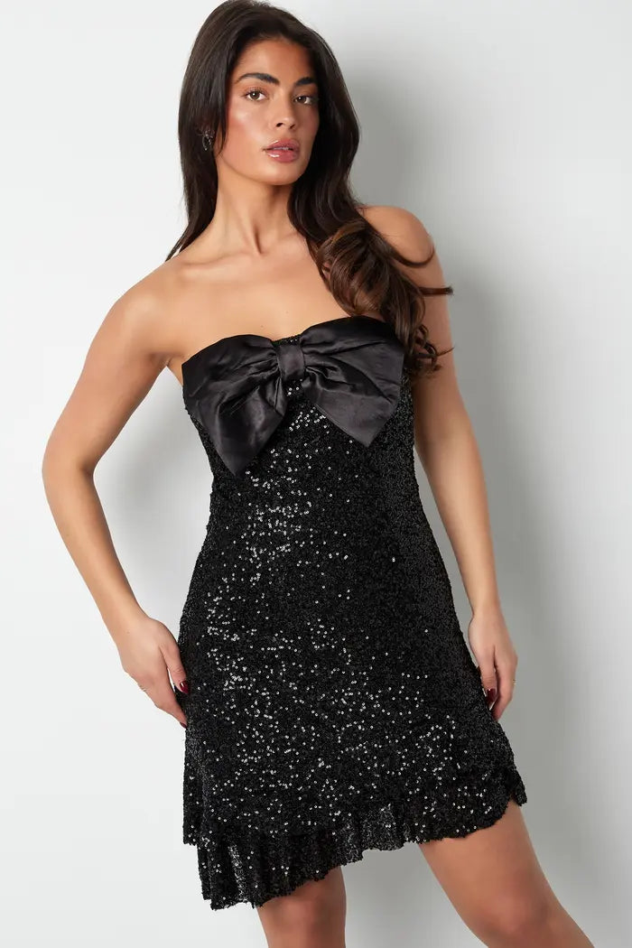 Glitter jurk met strik strapless - zwart