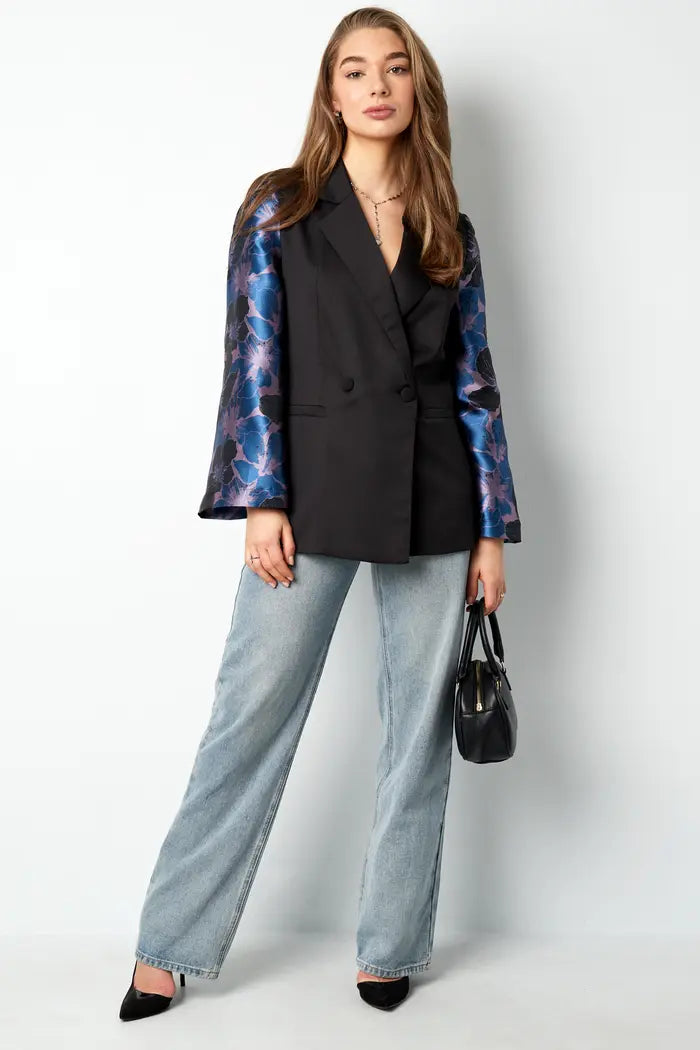 Zwarte blazer met jacquard mouwen - Blauw