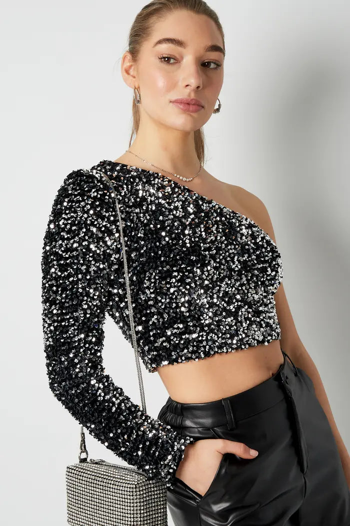 Glitter one shoulder top - ZIlver kleur