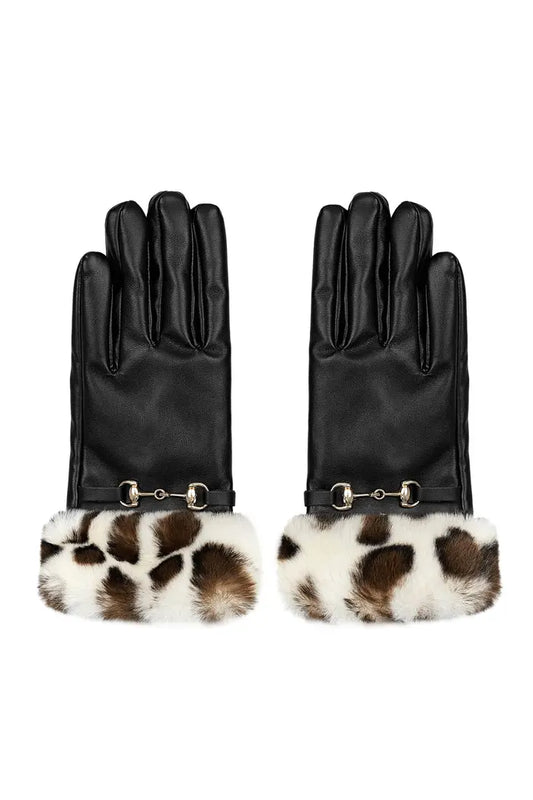 Handschoenen gesp met faux fur dierenprint - zwart beige