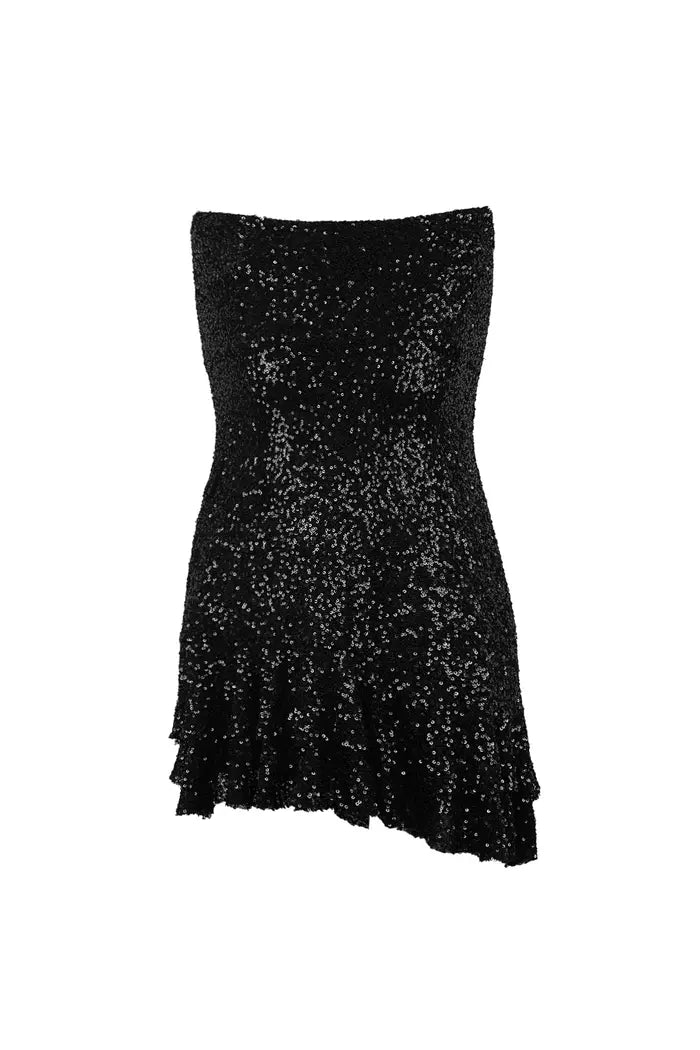 Glitter jurk met strik strapless - zwart