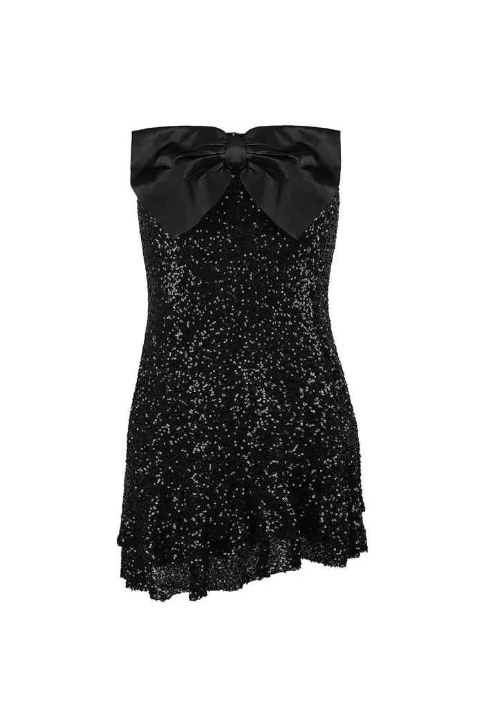 Glitter jurk met strik strapless - zwart