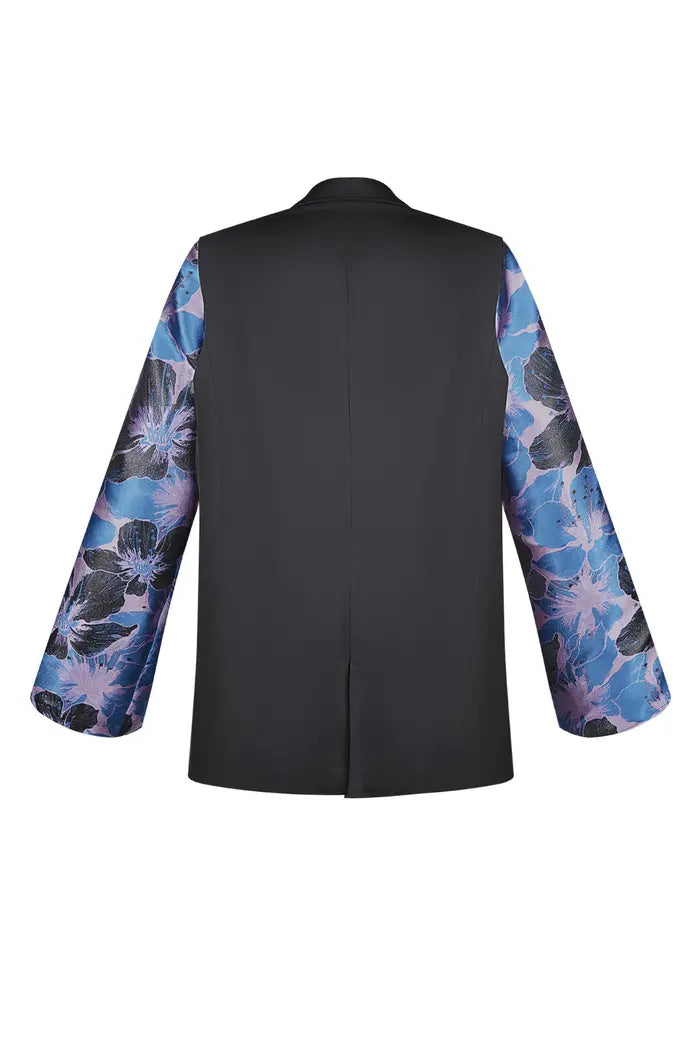 Zwarte blazer met jacquard mouwen - Blauw