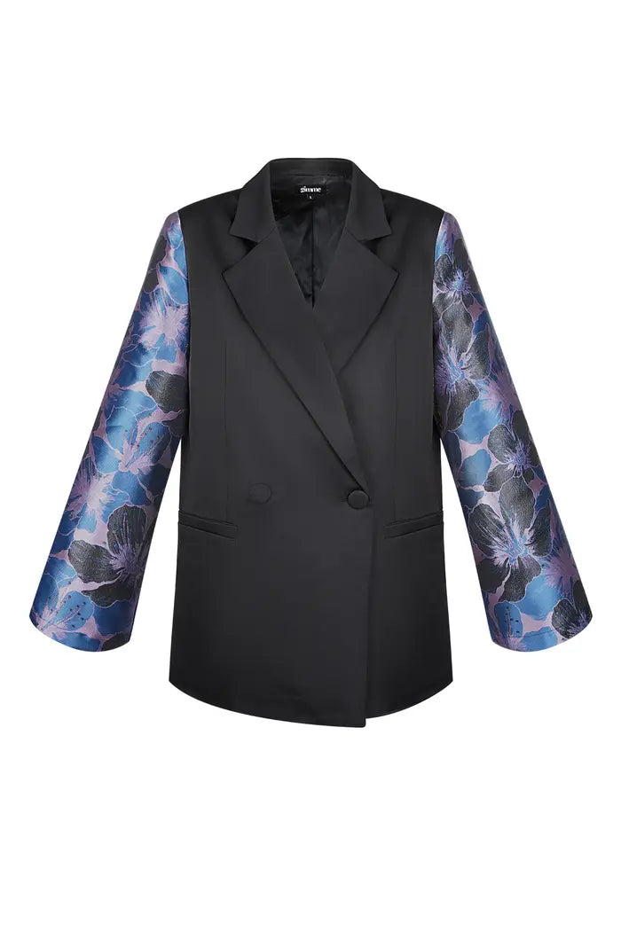 Zwarte blazer met jacquard mouwen - Blauw