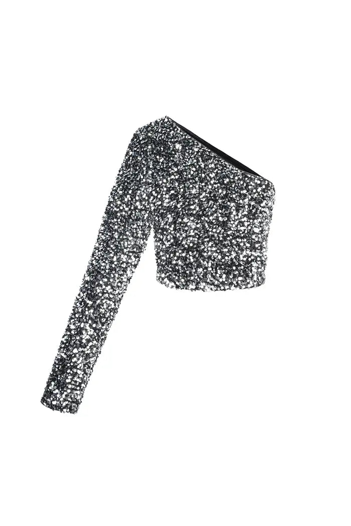 Glitter one shoulder top - ZIlver kleur